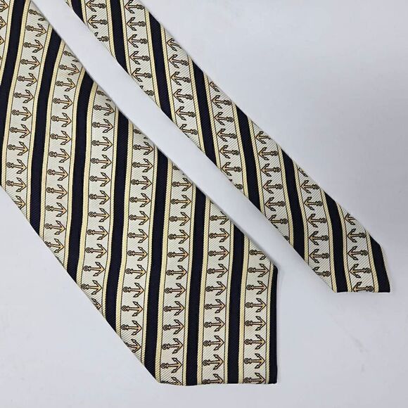 IKE BEHAR NEW YORK SILK TIE WHITE GOLD NAYY BLUE NAUTICAL STRIPE 3.75" X 59" - Picture 1 of 2
